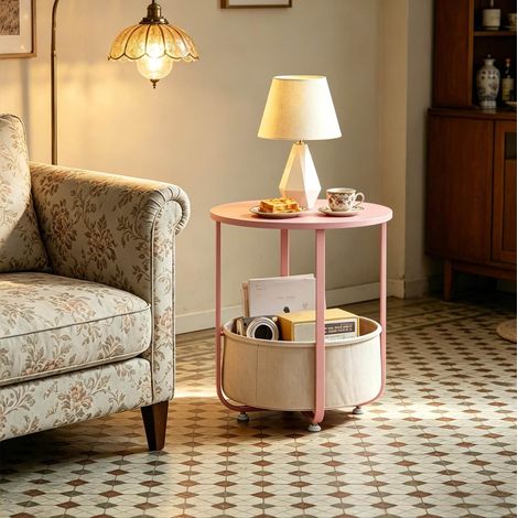 Mesa auxiliar redonda 45x45x50 cm rosa de madera, metal y canvas con cesta de almacenaje (1/4)