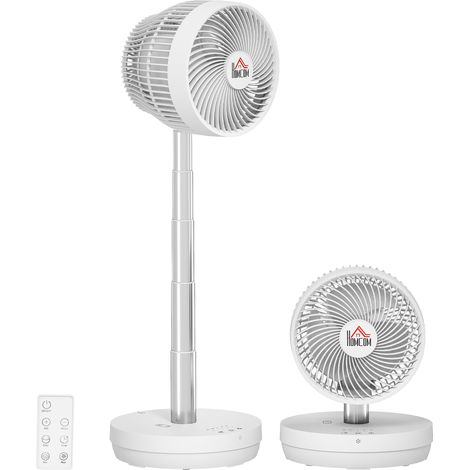 Ventilatore da tavolo con telecomando e batteria ricaricabile, alimentazione USB, inclinazione e altezza regolabili, colore bianco.