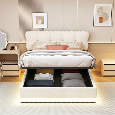 Lit Coffre 140 x 190 cm avec Éclairage LED, Lit Double Capitonné avec Rangement et Tete de lit pour Adultes et Adolescents, Velours
