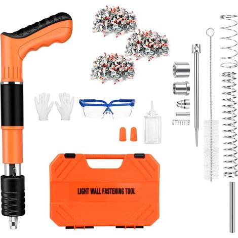 Cloueur Beton avec 200 Clou,Cloueuse avec 5 Niveaux de Réglable,Pistolet à Clous Manuel avec Gants et Lunettes,Pistolet à Ongles Portable,Kit pour Ongles en Béton,pour Murs en Béton,Plafonds (Orange)