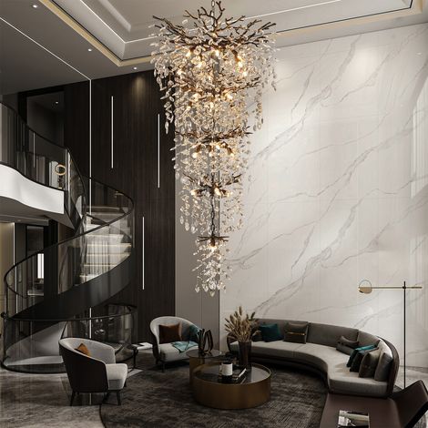 Lustre long cristal K9 style branche, plafond haut, 300 cm, 28 lampes, noir (1/5)