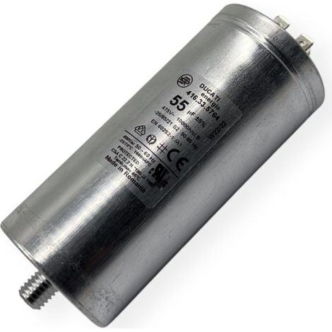 Ducati Energia – Condensateur permanent aluminium 55µF – Cosses Faston double 6.3 mm – Ø55x122mm – Durée de vie 30,000 heures (1/2)