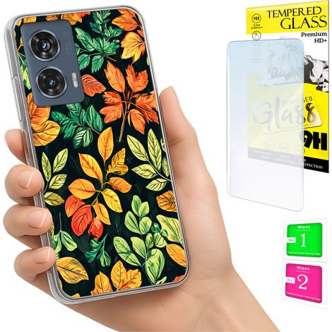 Coque pour Motorola Edge 50 Fusion Photo, coque arrière avec motif feuilles et verre trempé 9H (1/5)