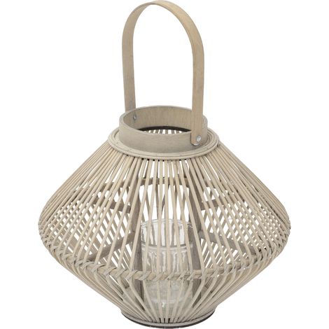 ECD Germany Bambus Laterne, Windlicht 44 cm, Holzfarbe, Gartenlaterne mit Henkel & Glaseinsatz, Boho Bambuslaterne, Kerzenhalter Flechtoptik, Innen/Außen, Deko Laterne für Terrasse Balkon Wohnzimmer