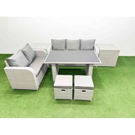 Fimous Garden Furniture Set PE Ratten Garden Sofa Set with Rectangular Dining Table 2 Small Stools 2 Side Tables Light Grey (1/4)