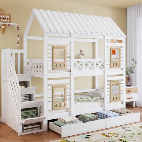 Lit superposé 90x200 avec rangements bois blanc HAVRYA (1/5)
