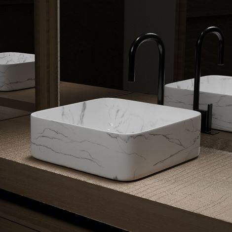 Lavabo Quadrato da appoggio in Ceramica Bianca Opaca Effetto Marmo - 38x38x13 cm - WHITE MARBLE (1/5)