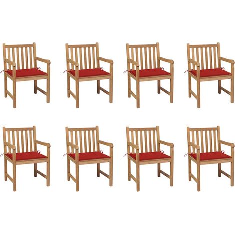 Chaises de jardin lot de 8 avec coussins rouge Bois teck massif (1/5)