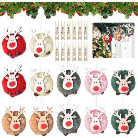 12 Pièces Décoration de Pendentif de Noël, Decoration Sapin Noel Pendentif Cerfs, Ornements Suspendus en Peluche de Renne avec 12 Clips en Bois, Cadeau Mignonne pour la Décoration de la Maison (1/5)