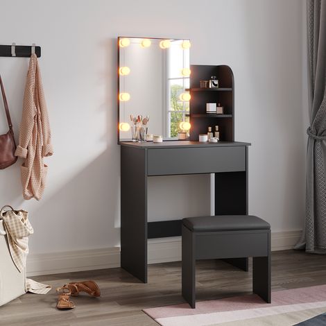 ELEGANT Dressing Table with Mirror and LED Light, Three-colour Mode, Makeup Desk with Drawers for Bedroom, Including Stool, 70x40x140cm Black