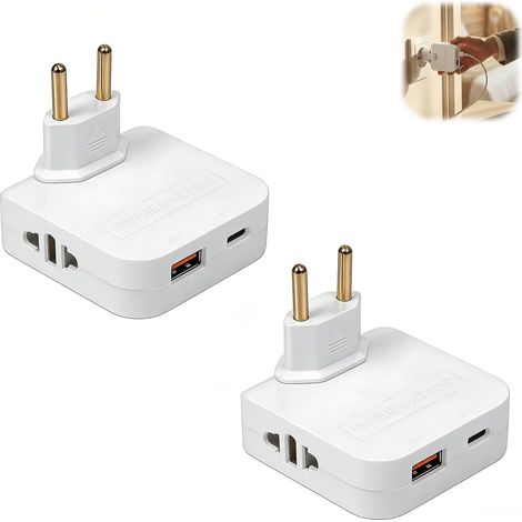 2 PCS Adaptateur Multiprise Plat, Murale Extra Plate avec 2 Prises Secteur, 1 Port USB Et 1 Port USB-C, Prise Murale Plate Pivotante 180°, Multiprise Compacte Derrière Meuble pour Maison Et Bureau (1/5)