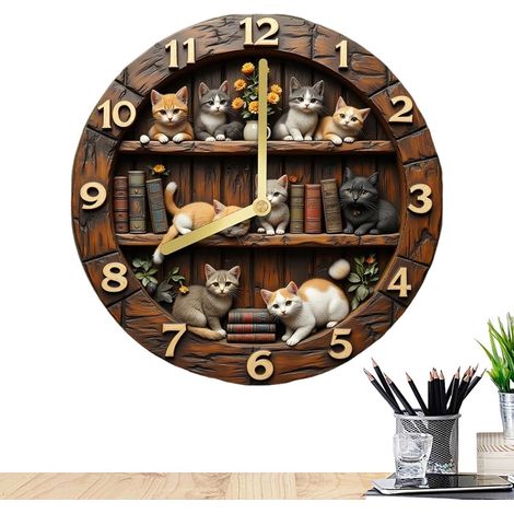 Horloge murale en bois 30 cm Motif chat (1/5)