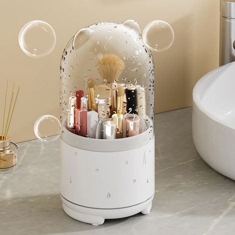 360° drehbarer Make-up-Organizer mit unterteilter Kunststoffbox, transparentem, staubdichtem Deckel und großem Behälter für Make-up-Pinsel, Weiß (1/5)