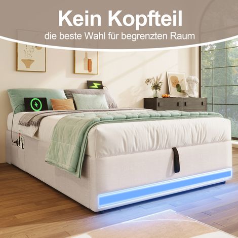 Lit boxspring 90x200 cm, liseuse LED avec ports USB et Type-C, rangements latéraux intégrés, sans tête de lit, coffre de rangement hydraulique, matelas non inclus, beige (1/5)