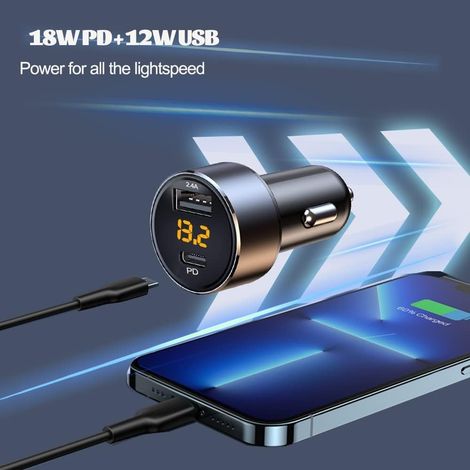 Caricabatterie per auto USB C da 30 W, adattatore mini USB da 2,4 A con display LED di tensione, adattatore per caricabatteria per auto USB da 12 W e PD da 18 W da 12 V per telefono, tablet e altri di (1/4)