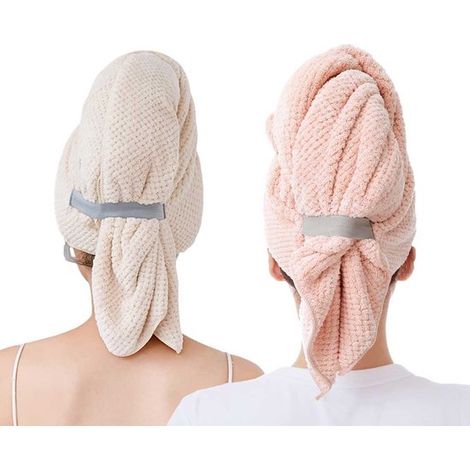 Zweiteiliges, schnelltrocknendes Handtuchset für Damen, elastisch – geeignet für langes, dickes, lockiges und langes, dickes, nasses Haar – Weiß, Rosa (1/5)