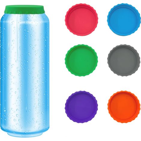 Lot de 6 bouchons pour canettes en silicone, anti-fuite, facile à nettoyer, protection standard pour bière, cola et boissons – 6 couleurs (1/5)