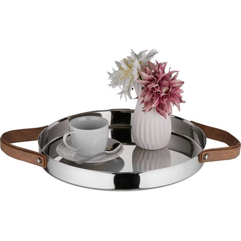 Relaxdays Serving Tray, Round, Modern, Raised Edge & Handles, for Breakfast in Bed, Ø 35 cm, Stainless Steel, Silver