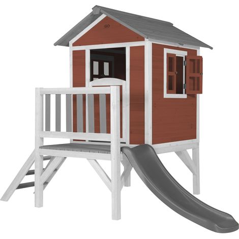 Axi Maison Enfant Beach Lodge Xl En Rouge Avec Toboggan En Gris Maison De Jeux En Bois Ffc Pour Les Enfants Maisonnette / Cabane De Jeu Pour Le Jardin