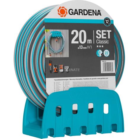Kit Tubo da Giardino Gardena Classic con Tubo di 20 m e 13 mm, Supporto per Parete e Ugello Regolabile
