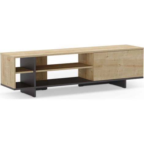 Meuble TV CEQUOIA - Chêne & Noir - 1 porte, 4 niches - 160 x 35,6 x 44 cm (1/5)