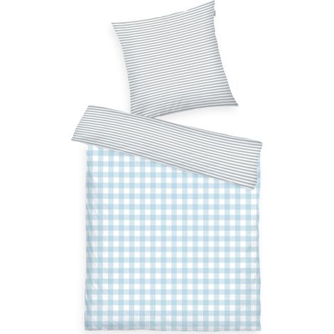 Linge de lit en Flanelle, 60 x 80 cm + 140 x 200 cm, 100% Coton/Flanelle, avec Motif réversible et Fermeture éclair colorée, Classic Check Gris, Bleu Clair (1/5)