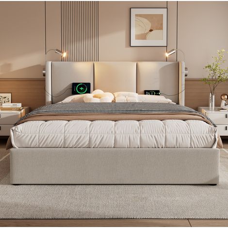 Lit coffre 180x200 cm avec LED, charge USB et rangement hydraulique beige OKMYHOME (1/5)