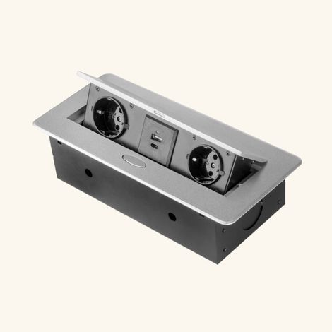 Prise plan de travail BRUME ouverture automatique - Bloc 2 prises + USB-A + USB-C rétractable gris