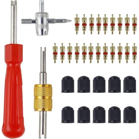 Lot de 33 outils de retrait de valve de pneu de voiture,Kit de réparation de valve de pneu,Extracteur de noyau de valve à double et tête unique,Outil de valve à 4 voies,10 bouchons de valve (1/5)