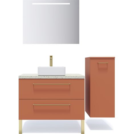Meuble de salle de bain suspendu vasque à poser 90cm 2 tiroirs Terracotta + miroir + colonne ouverture droite - Glasgow (1/5)