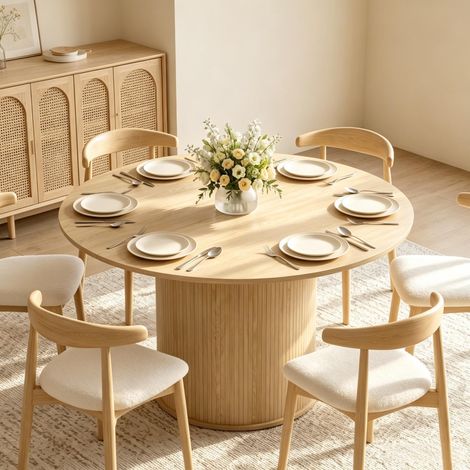 Table à manger ronde 4-6 personnes, diamètre 120 cm, hauteur 75 cm, table de cuisine à pied central incurvé, finition bois naturel (1/5)