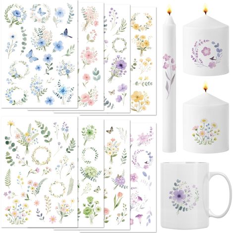 Lot de 8 tatouages bougies (plus de 150 motifs, 24 x 17 cm), impression par transfert d'eau, film coulissant à l'eau, pour bougies, verre, bois, meubles, céramique (1/5)
