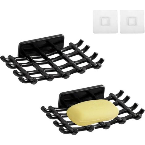 Set mit 2 wandmontierten Seifenhaltern, kein Bohren erforderlich, selbstklebender Seifenhalter, Kunststoff, Schwammhalter für Badezimmer, Küche (Schwarz) (1/4)