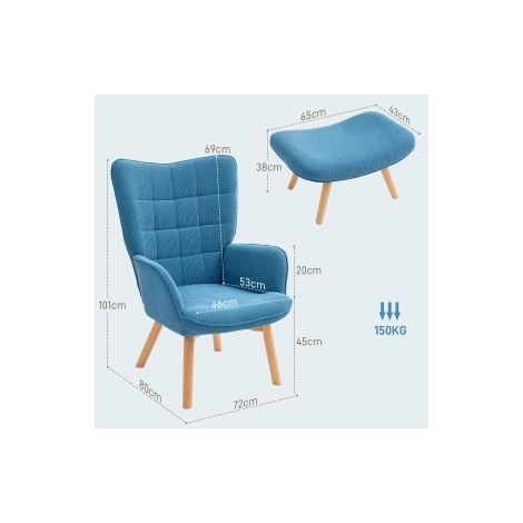 Fauteuil à oreilles bleu avec repose-pieds, dossier haut, pieds en bois, capitonné effet velours côtelé pour salon et chambre (1/5)