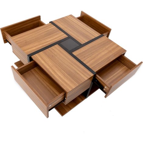 Mesa de Centro Cuadrada con 4 Cajones y Estante Inferior, Diseño de Líneas, Estilo Moderno, en Tablero de Partículas, Natural, 78×78×36 cm (1/5)