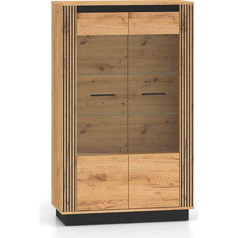 Petits-Meubles – Vaisselier 2 portes Solal en bois MDF et verre trempé – Dimensions 92x40x141 cm – Finition chêne doré et noir – Meuble moderne pour rangement