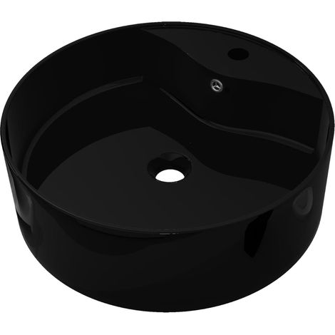 Fregadero redondo de 46,5 cm con grifo/rebosadero de cerámica para baño negro 020002514