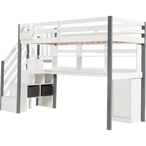 Cama alta 90x200 cm con escritorio, almacenaje y escalera, madera, MDF, blanco y gris (1/5)