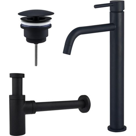 FugaFlow Eccelente Sobrado Slim Slim Kit mitigeur lavabo - robinet rehaussé - bonde nonobturable - siphon design - Noir mat (1/4)