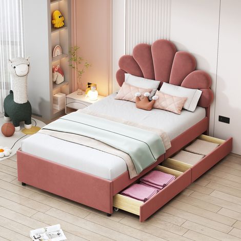 Bett 90x200 cm rosa gepolstert aus Samt mit Blütenkopfteil, Lattenrost und 2 Schubladen (1/5)