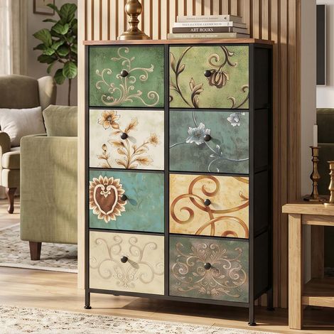 Creahappy Commode Tissu Rangement 9 Tiroirs 100x30x100 cm - Gain de Place - Buffet Meuble de Rangement Motif Rétro - Multi (1/5)