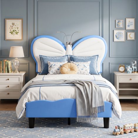 Superaly - Lit simple capitonné 90x190 cm - Tête de lit forme papillon - Avec 2 liseuses - Tête de lit réglable en hauteur - Sommier à lattes - Lit fille - Velours - Bleu (1/5)