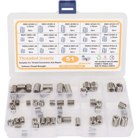 51-piece thread repair insert assortment kit, stainless steel screws M5 to M8 with storage box (1/5)