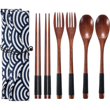 Couverts en bois (2 sets), fourchette et cuillère en bois, baguettes, set de couverts réutilisables, équipement de voyage, set de couverts à attache (1/5)