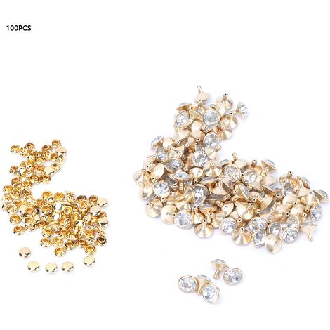 100 clous rivets strass métal 10mm, pointes décoratives (bord doré + cristal blanc) (1/5)