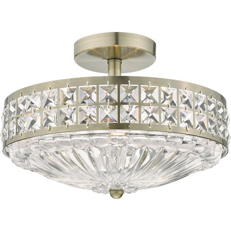 DAR OLONA - Plafonnier semi-encastré léger 3L Perles de cristal en laiton antique et diffuseur en verre (1/4)