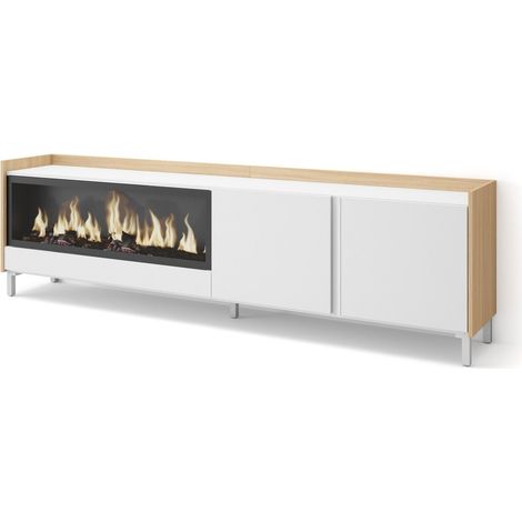 Skraut Home - Meuble TV, Banc Télé, Grand espace de Rangement, 212x35x61cm, Pour les TV jusqu'à 80", Cheminée électrique XXL, Design industriel, Style moderne, Blanc et Chêne Soft (1/5)