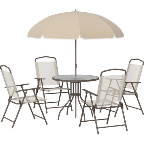 Garden Patio Texteline Folding Chairs Plus Table and Parasol Furniture Bistro Set 6 Pieces - Coffee/Cream
