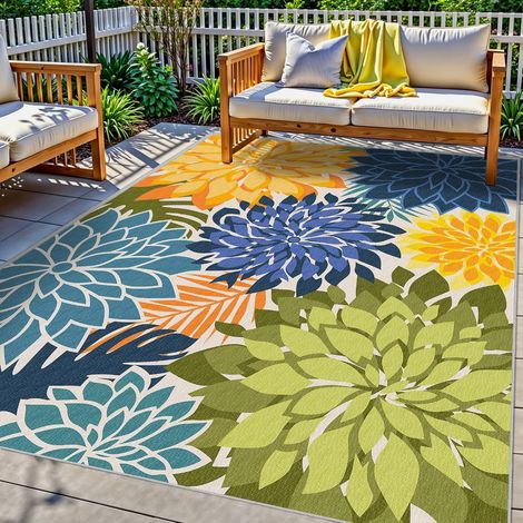 Tapis de jardin extérieur 140 x 200 cm – Motif floral en velours cristal – Tapis de cour et terrasse pour extérieur (1/5)