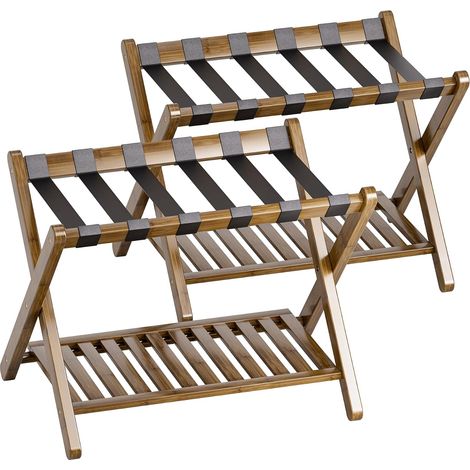 Porte-bagages, paquet de 2, porte-valise pliable en bambou avec étagère de rangement pour chambre d’amis, chambre à coucher, hôtel, robuste (noyer) (1/5)